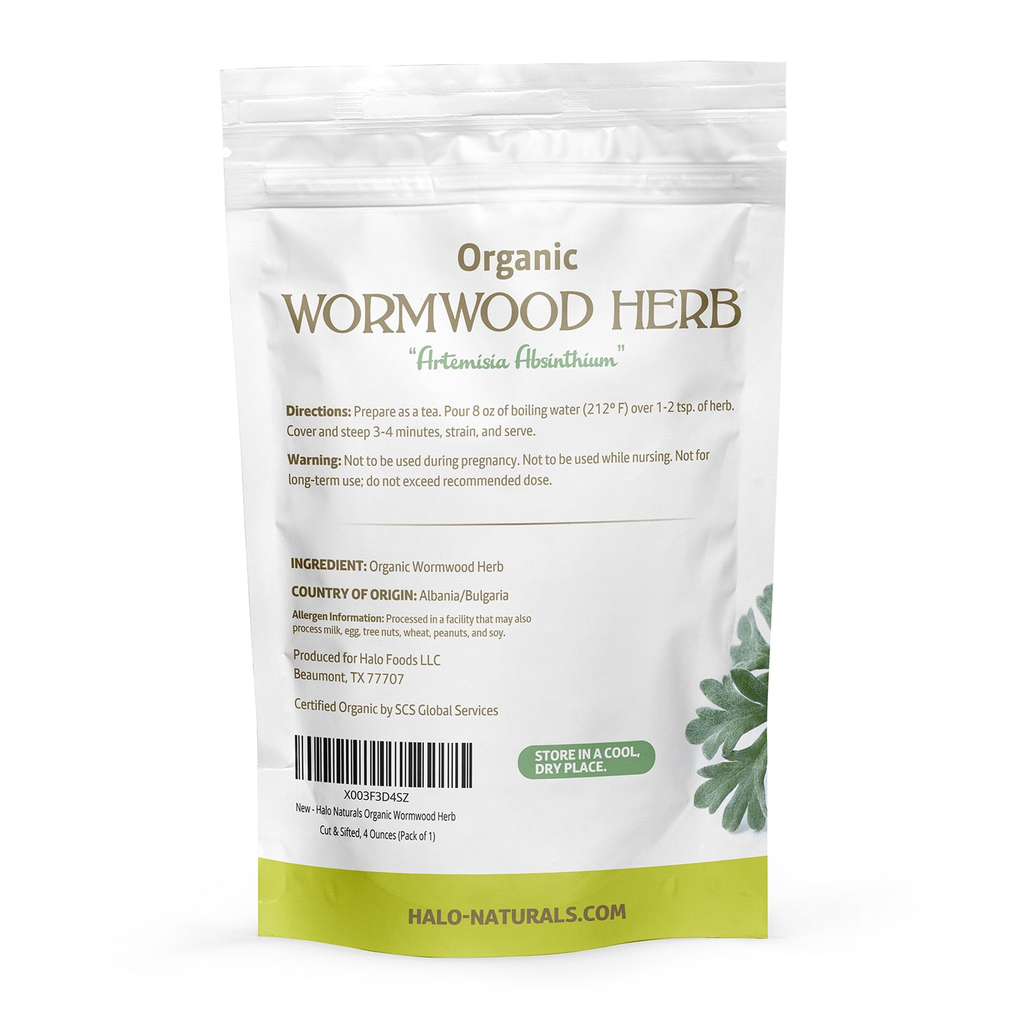 Organic Wormwood Herb Cut & Sifted, 4 Ounces